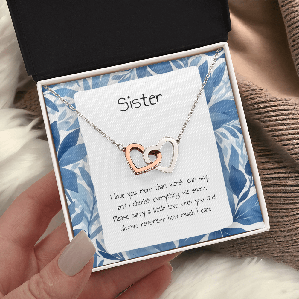 Gift For Sister - Interlocking Heart Necklace - Personalised Message Card