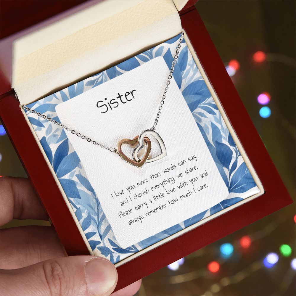 Gift For Sister - Interlocking Heart Necklace - Personalised Message Card
