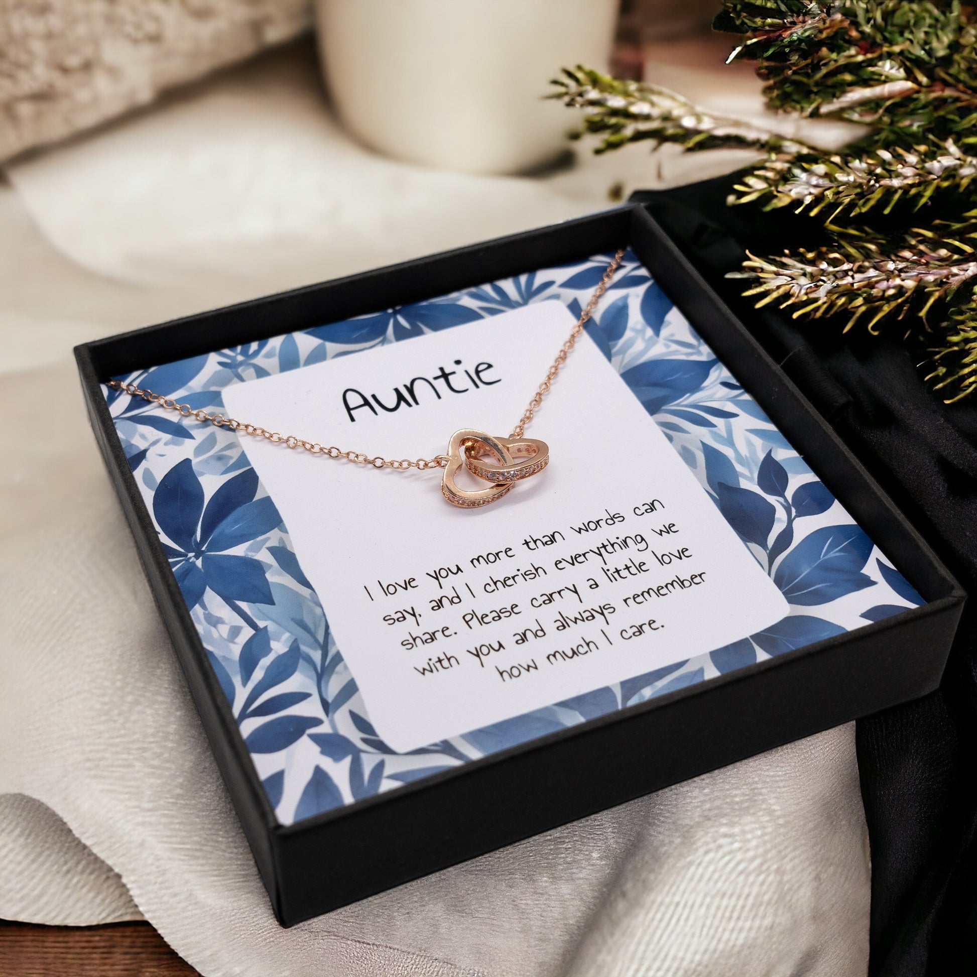 Present For Auntie - Interlocking Heart Necklace - Personalised Message Card - Birthday Christmas Gift For Aunt