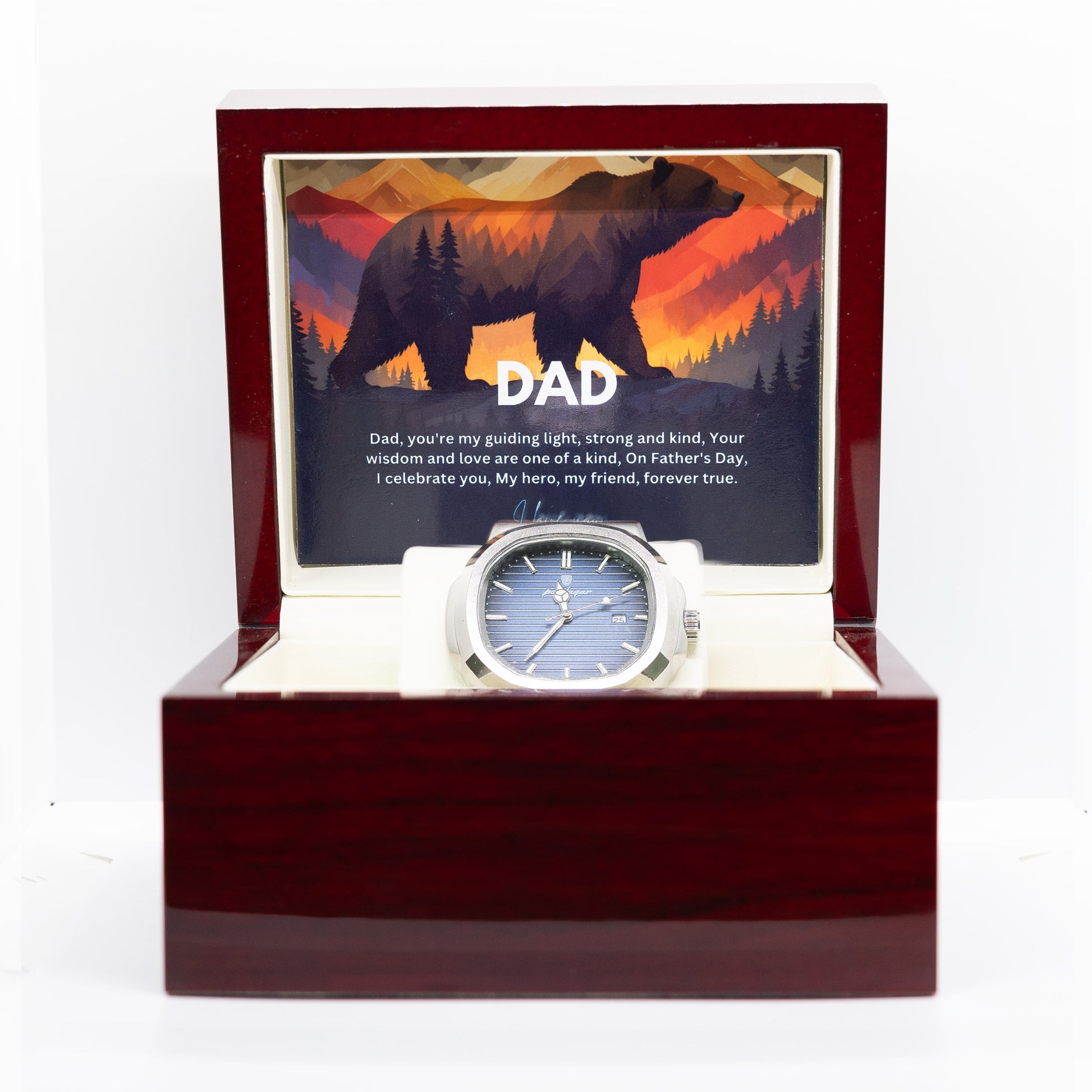 Gift For Dad - Luxury Gift Watch Set - Mahogany Box - Custom Message Card Gift For Birthday's Christmas - Fathers Day