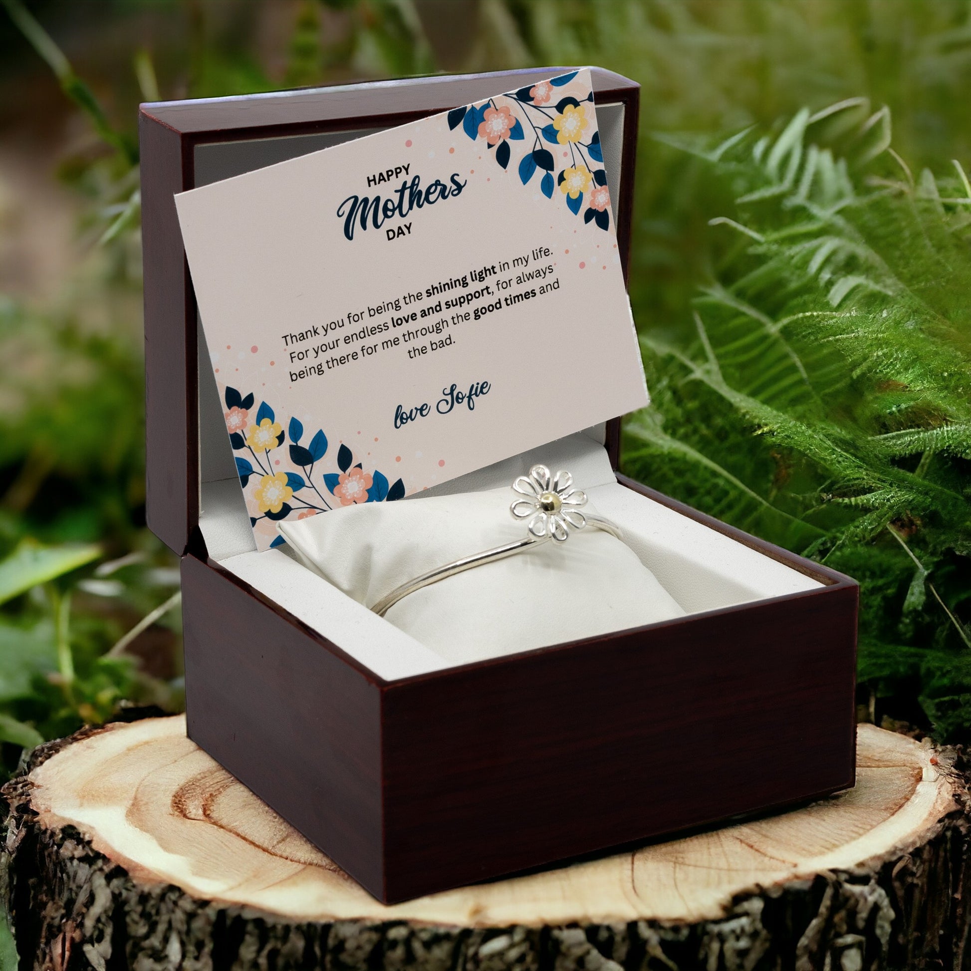 Happy Mothers Day - Sterling Silver Bangle - Wooden Box with Floral Custom Message Card - Gift For Her -Gift From Son / Daughter