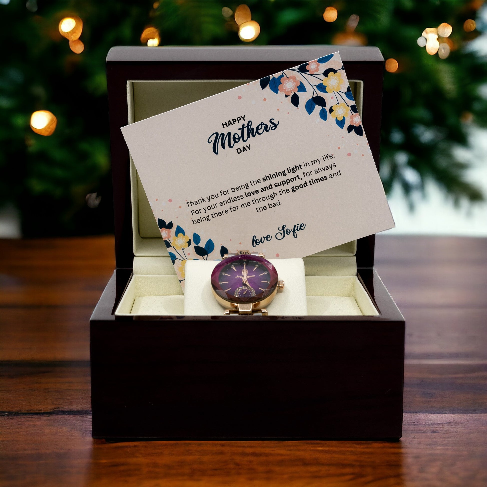Mothers Day - Womens Luxury Gift Watch Set - Mahogany Box - Custom Floral Message Card for Mum From Daughter / Son