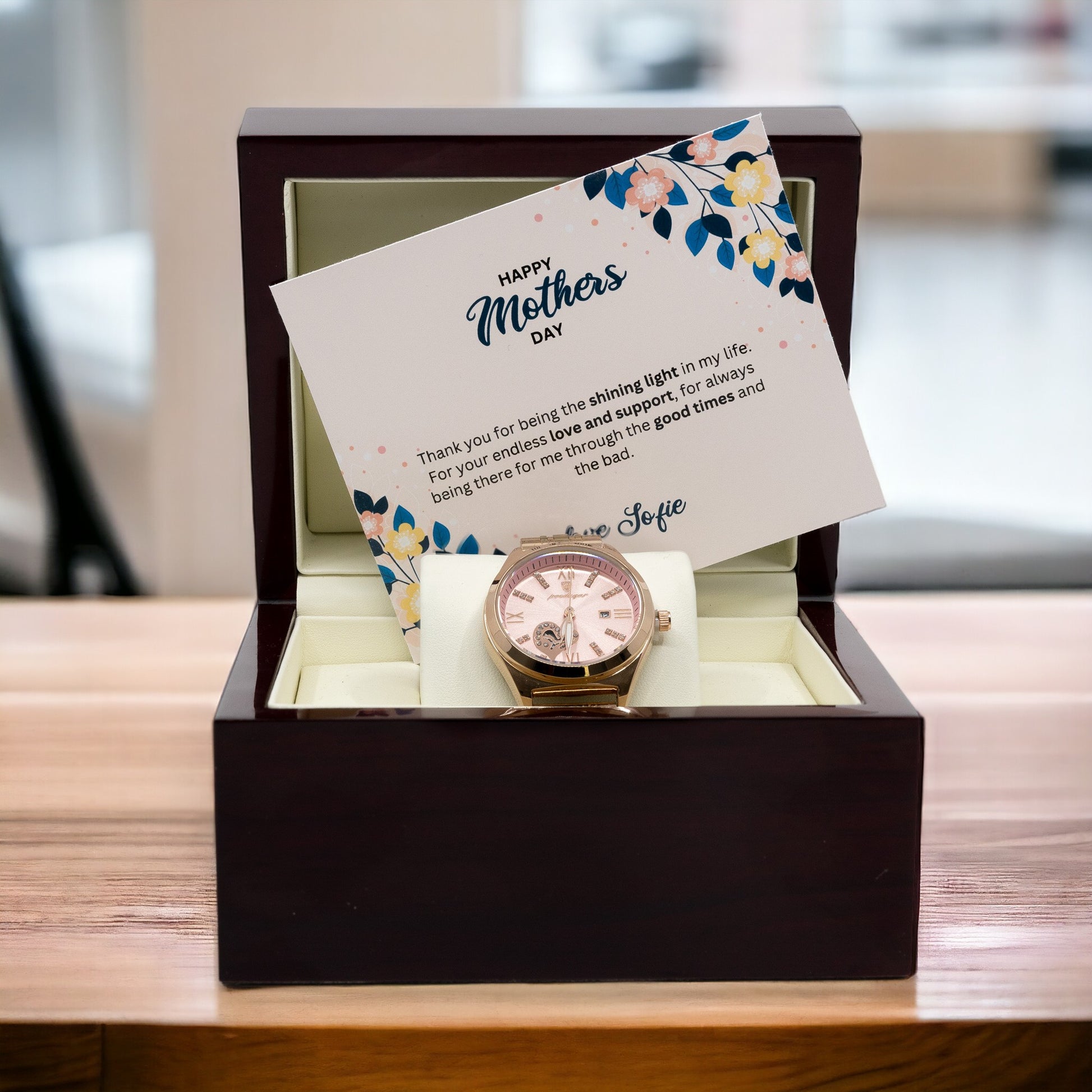 Mothers Day - Womens Luxury Gift Watch Set - Mahogany Box - Custom Floral Message Card for Mum From Daughter / Son