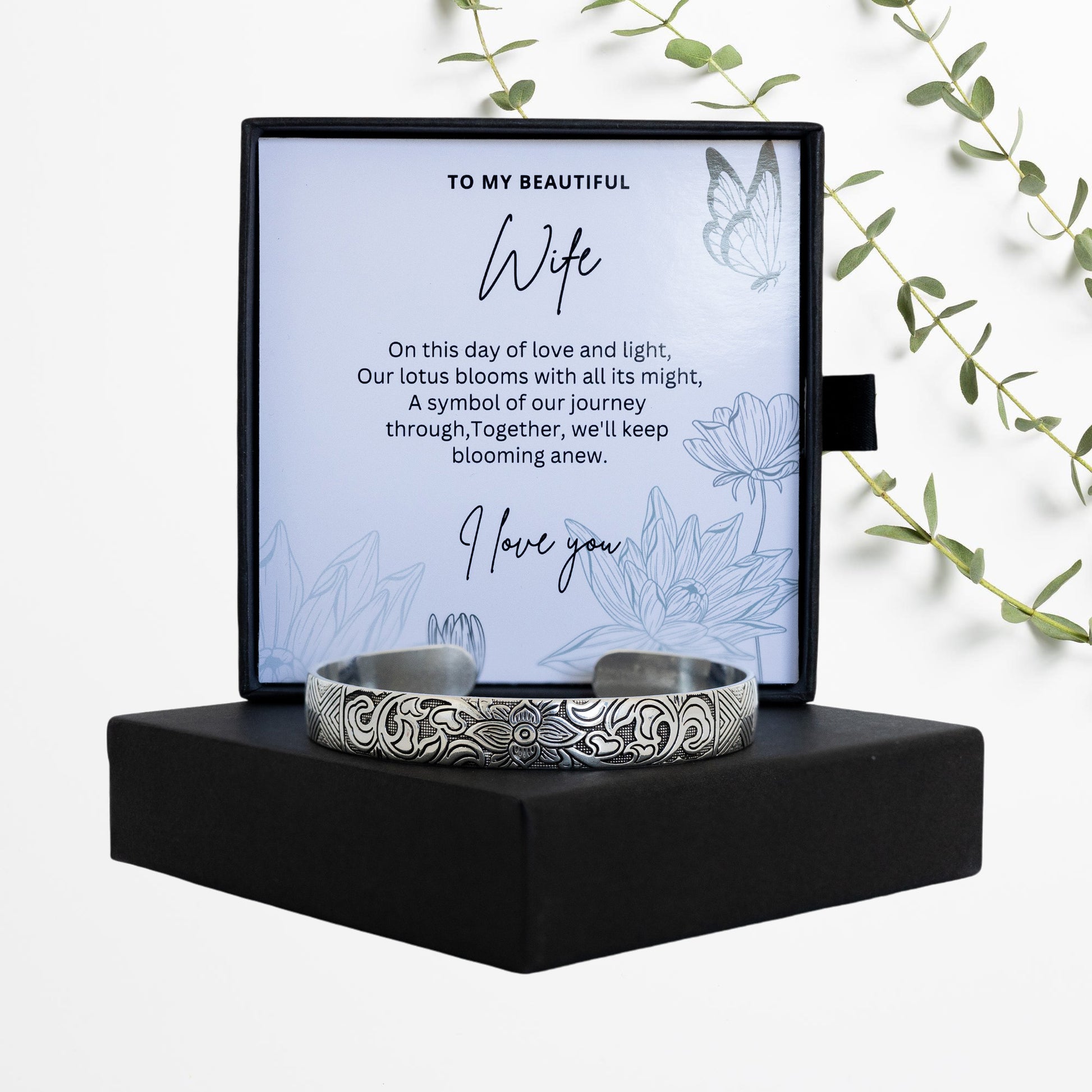 Silver Lotus Bangle for Wife - To My Beautiful Wife Gift For Anniversary, Birthday