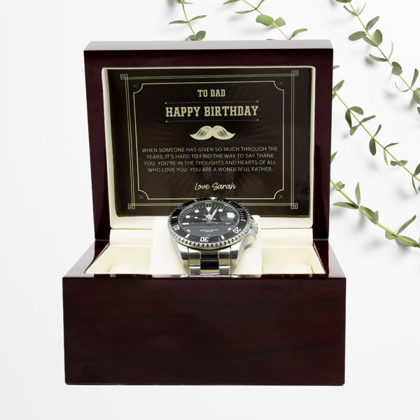 To My Dad - Happy Birthday - Luxury Watch Gift Set With Custom Message Card In Mahogany Box - Gift For Dad