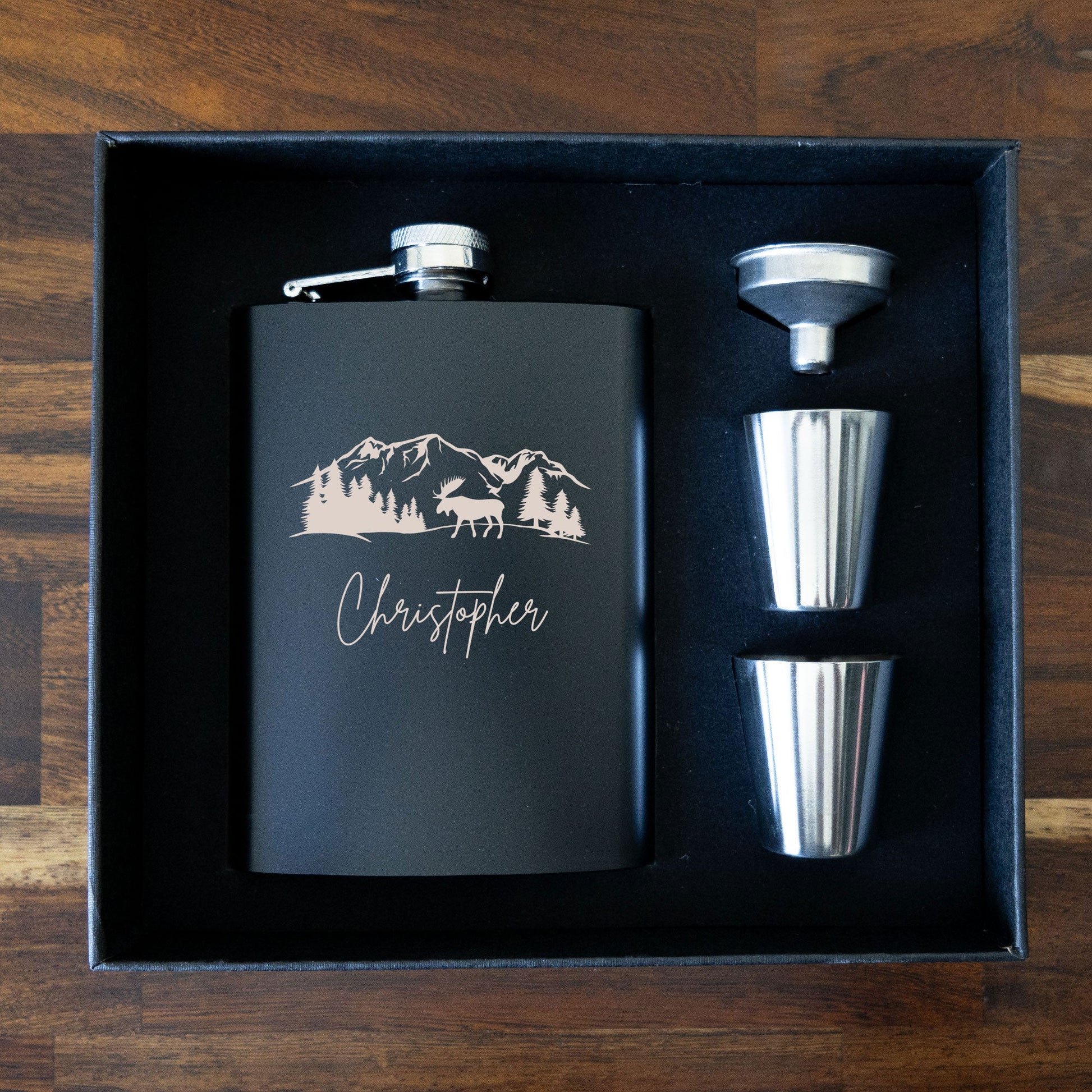 Personalised Outdoor Mountain Themed Hip Flask Gift Set