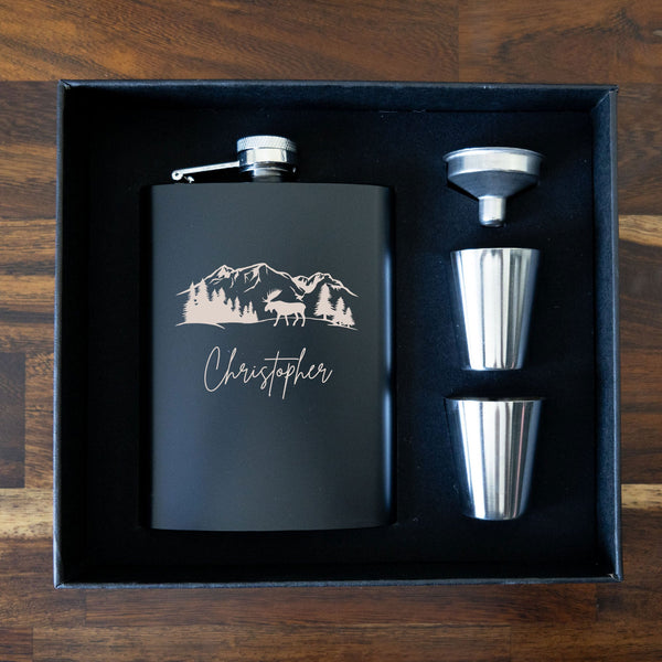 Personalised Outdoor Mountain Themed Hip Flask Gift Set