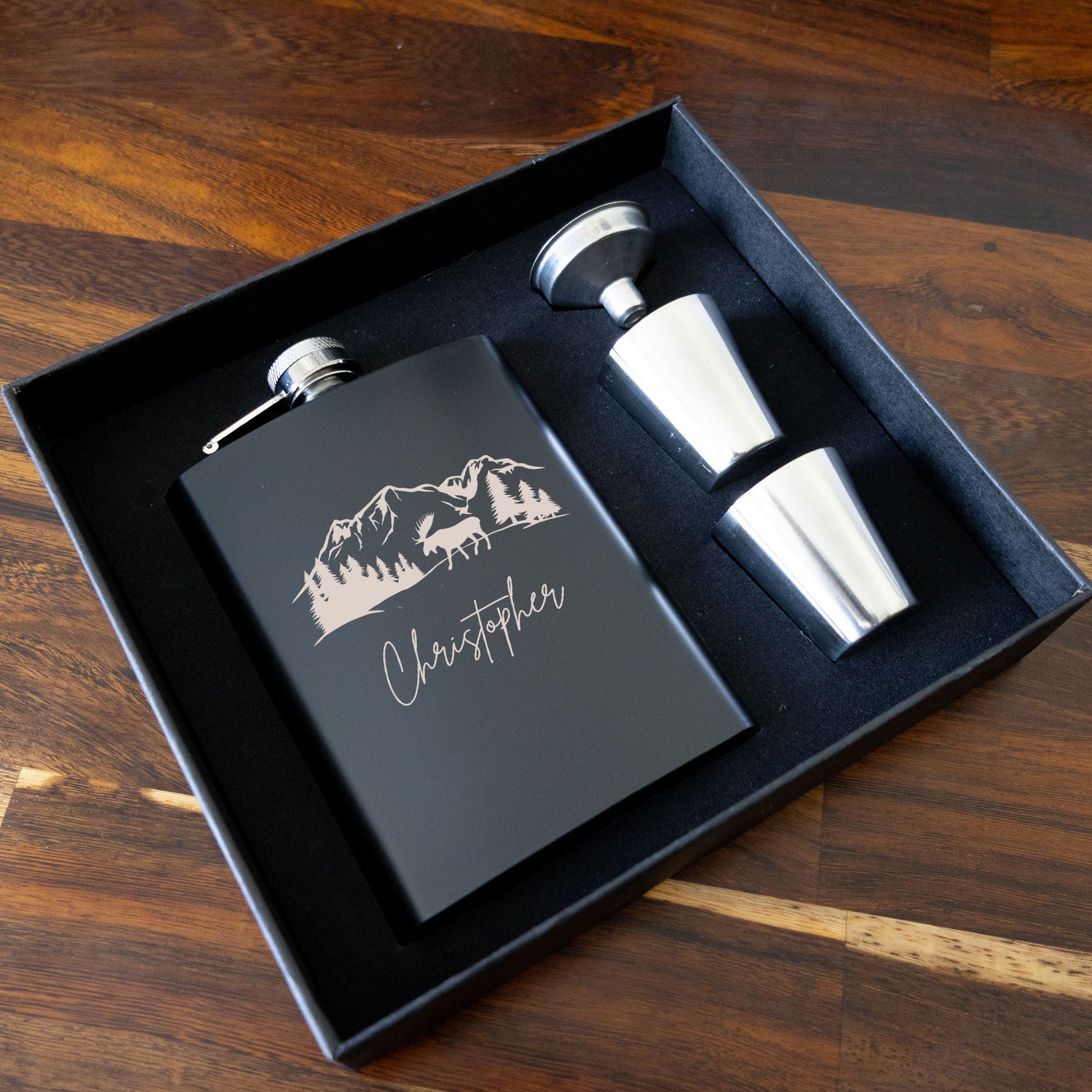 Personalised Outdoor Mountain Themed Hip Flask Gift Set