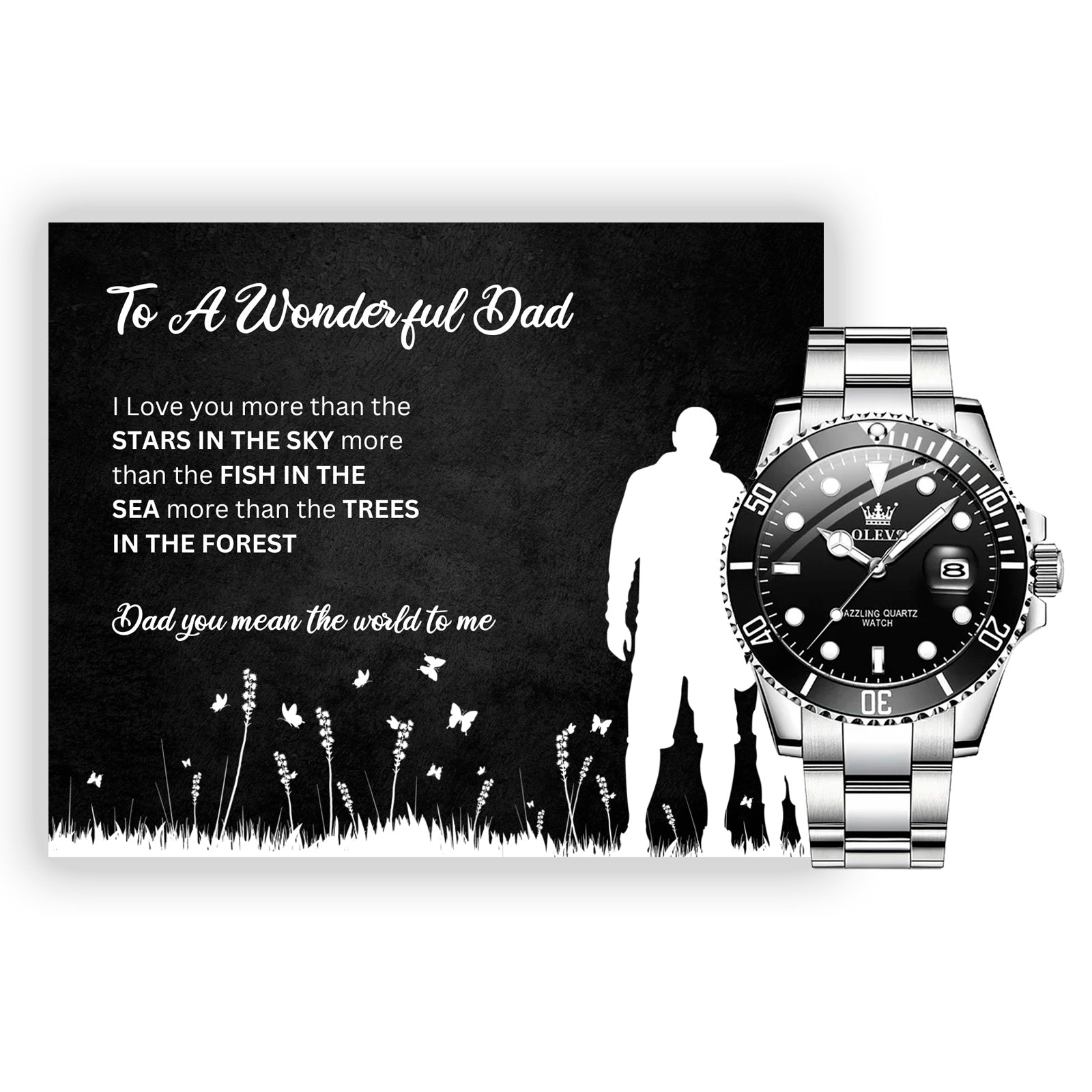 To a Wonderful Dad - Luxury Gift Watch Set - Mahogany Box - Custom Message Card Gift For Birthday's Christmas - Fathers Day
