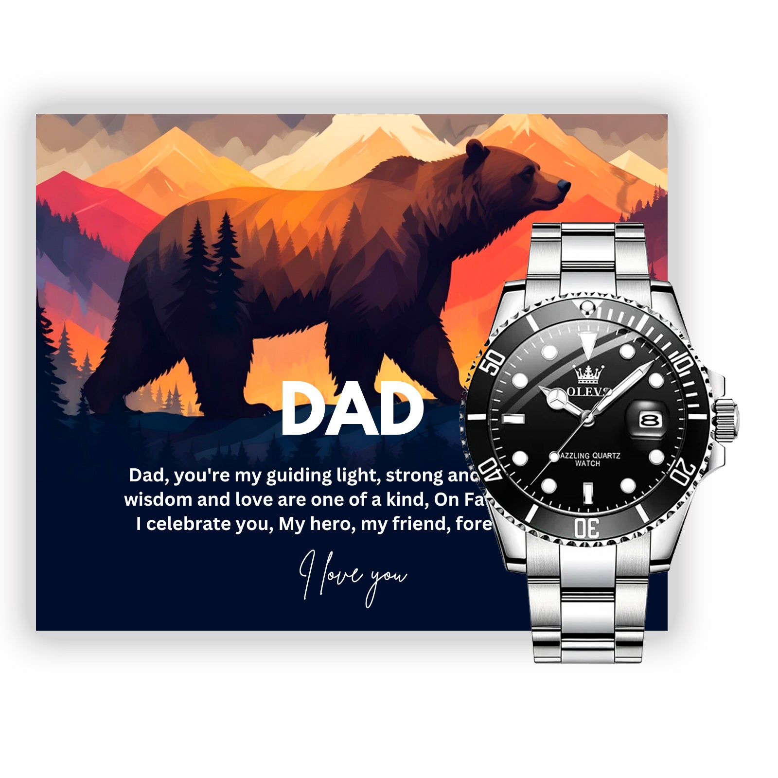 Gift Watch For Dad - Luxury Watch Gift Set With Custom Message Card In Mahogany Box