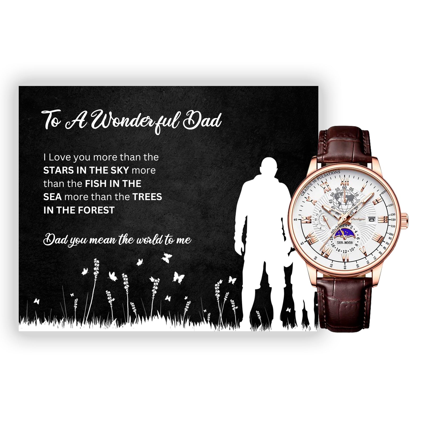 To a Wonderful Dad - Luxury Gift Watch Set - Mahogany Box - Custom Message Card Gift For Birthday's Christmas - Fathers Day