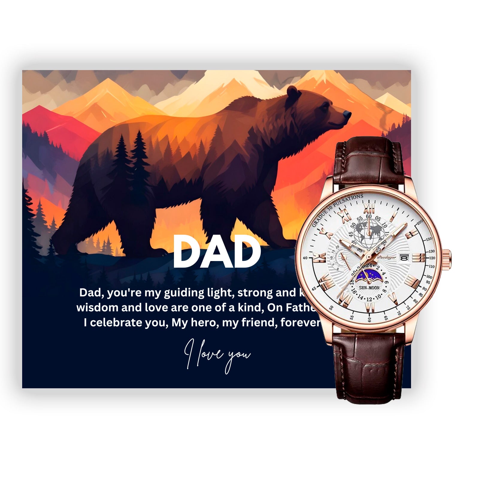 Gift Watch For Dad - Luxury Watch Gift Set With Custom Message Card In Mahogany Box
