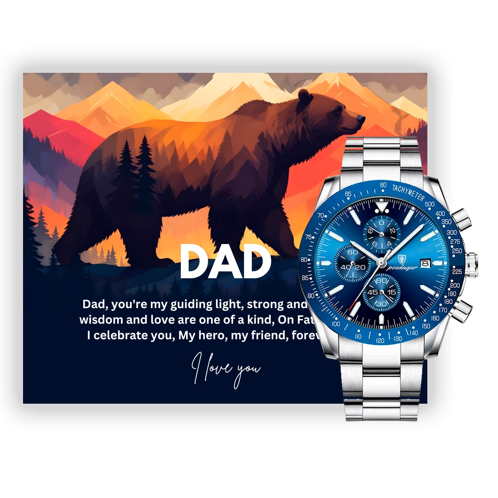 Gift Watch For Dad - Luxury Watch Gift Set With Custom Message Card In Mahogany Box
