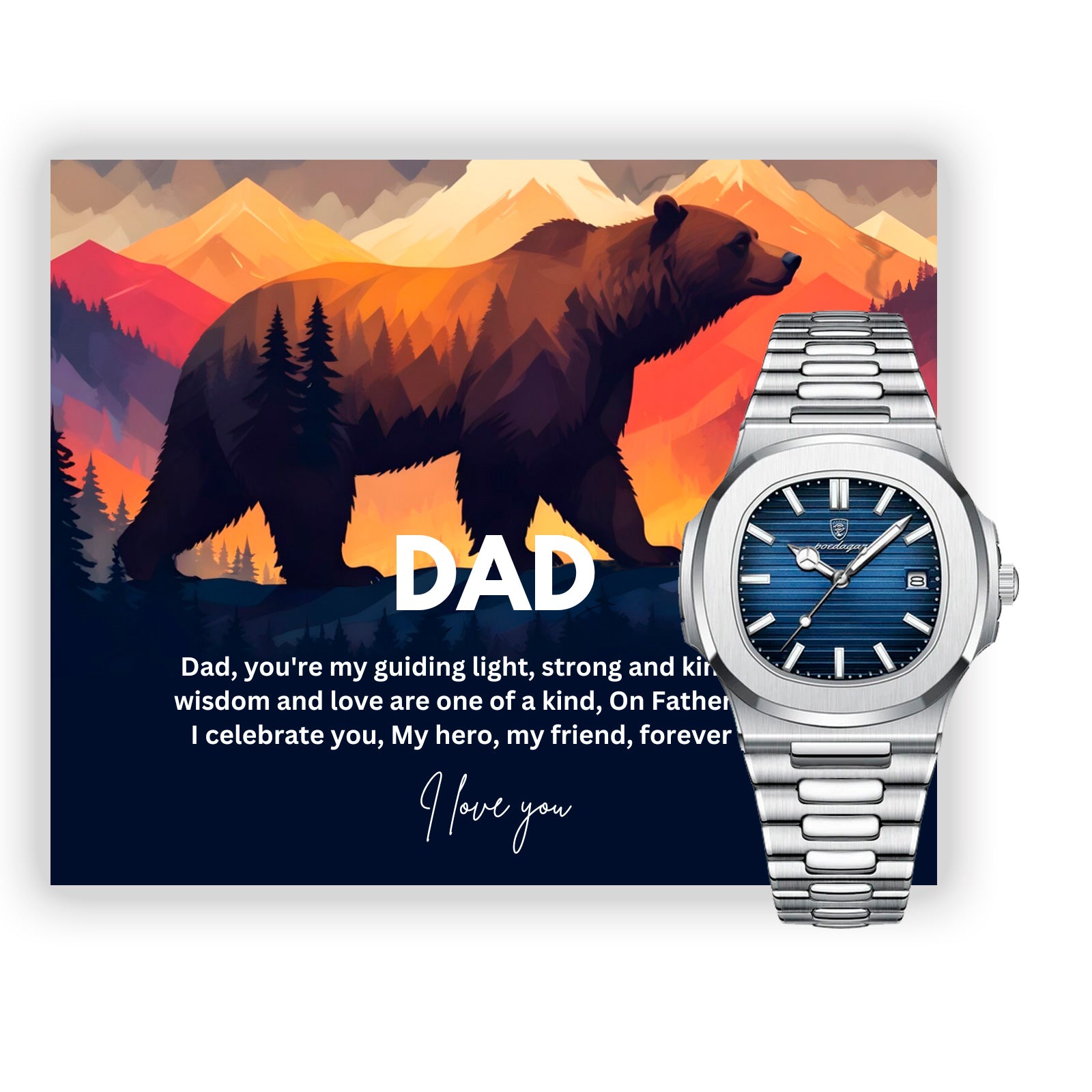 Gift Watch For Dad - Luxury Watch Gift Set With Custom Message Card In Mahogany Box