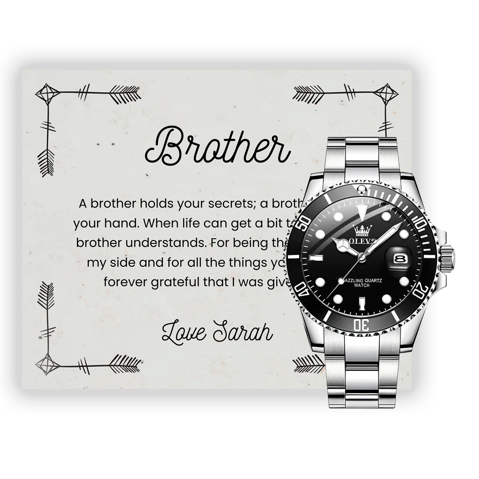 Brother Gifts, Gift Watch Set For Brother - Luxury Watch Gift Set With Custom Message Card In Mahogany Box