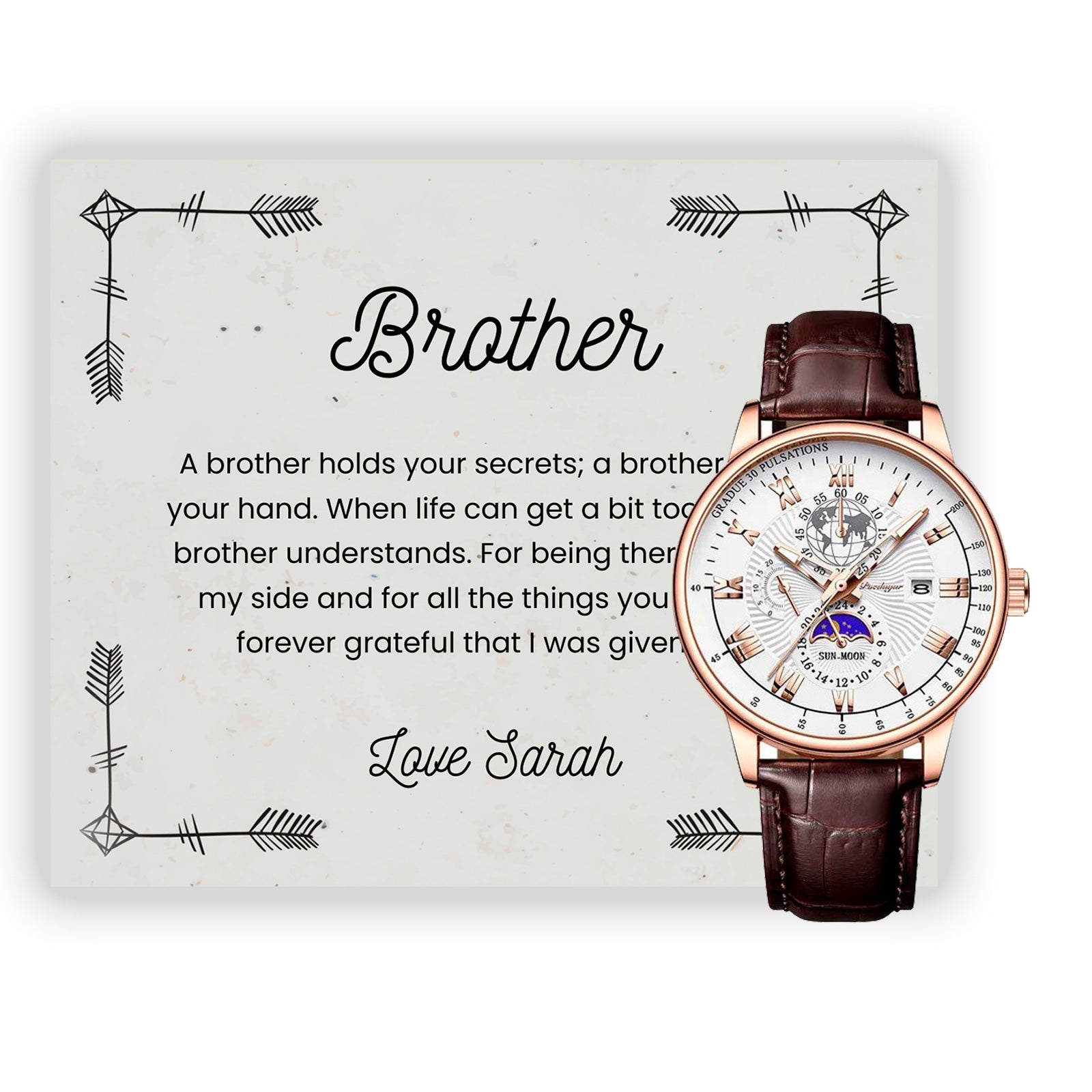 Brother Gifts, Gift Watch Set For Brother - Luxury Watch Gift Set With Custom Message Card In Mahogany Box