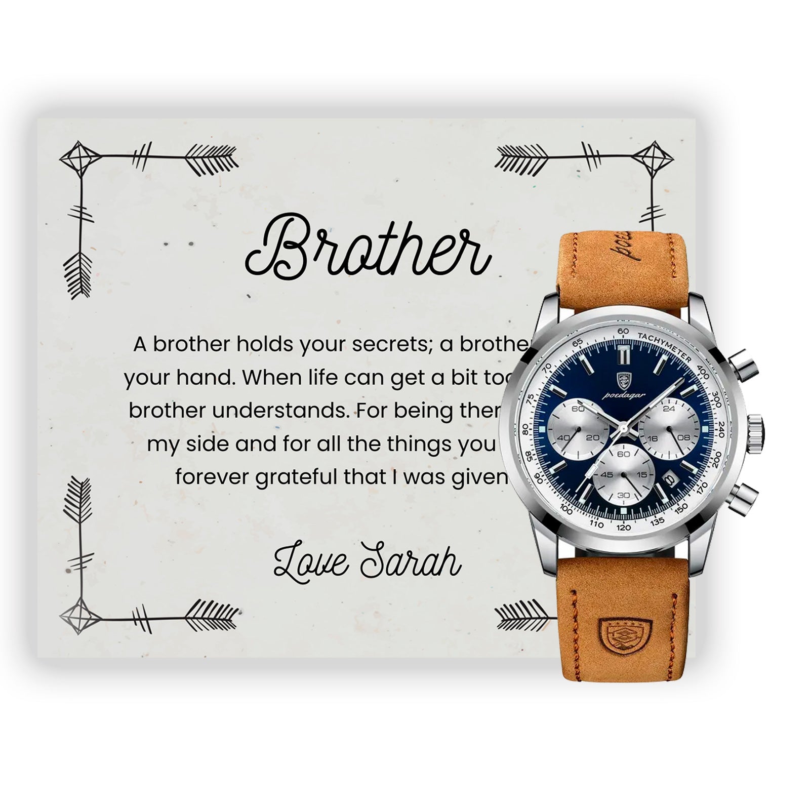 Brother Gifts, Gift Watch Set For Brother - Luxury Watch Gift Set With Custom Message Card In Mahogany Box