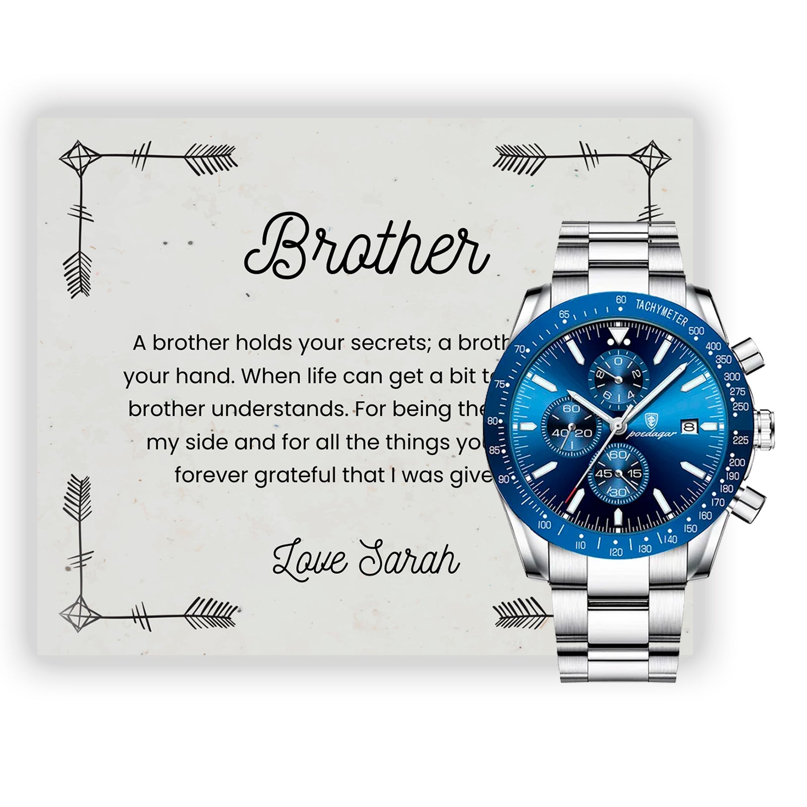 Brother Gifts, Gift Watch Set For Brother - Luxury Watch Gift Set With Custom Message Card In Mahogany Box
