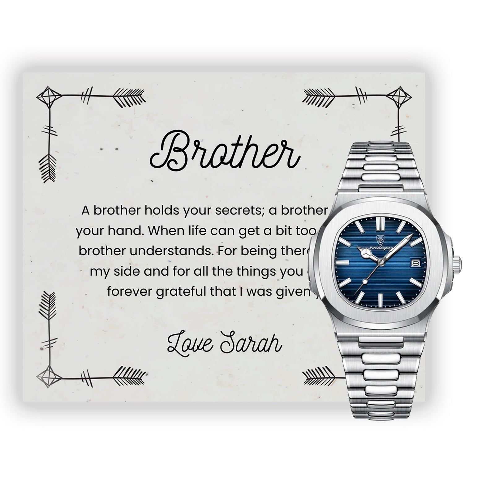 Brother Gifts, Gift Watch Set For Brother - Luxury Watch Gift Set With Custom Message Card In Mahogany Box