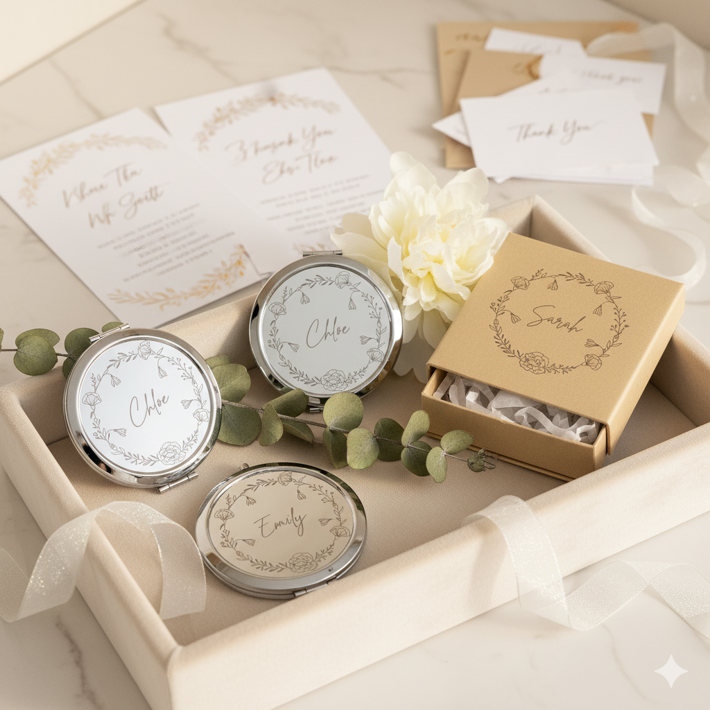 Customised Pocket Makeup Mirror Beautiful Wedding Gift, Hen Party Gift,  Bridesmaid Gifts