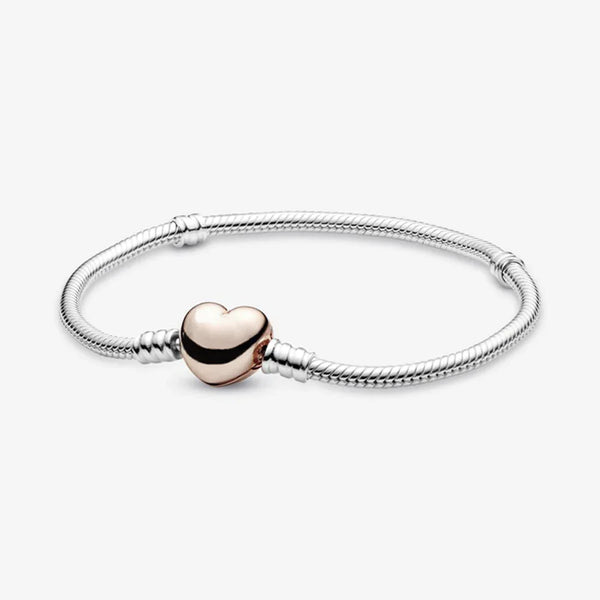 Rose Gold Heart Sterling Silver Snake Charm Chain 20cm
