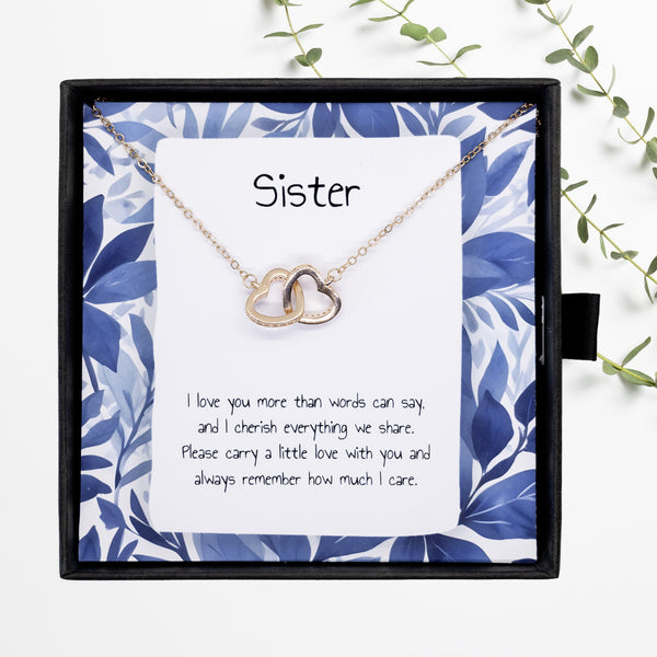 Gift For Sister - Interlocking Heart Necklace - Personalised Message Card