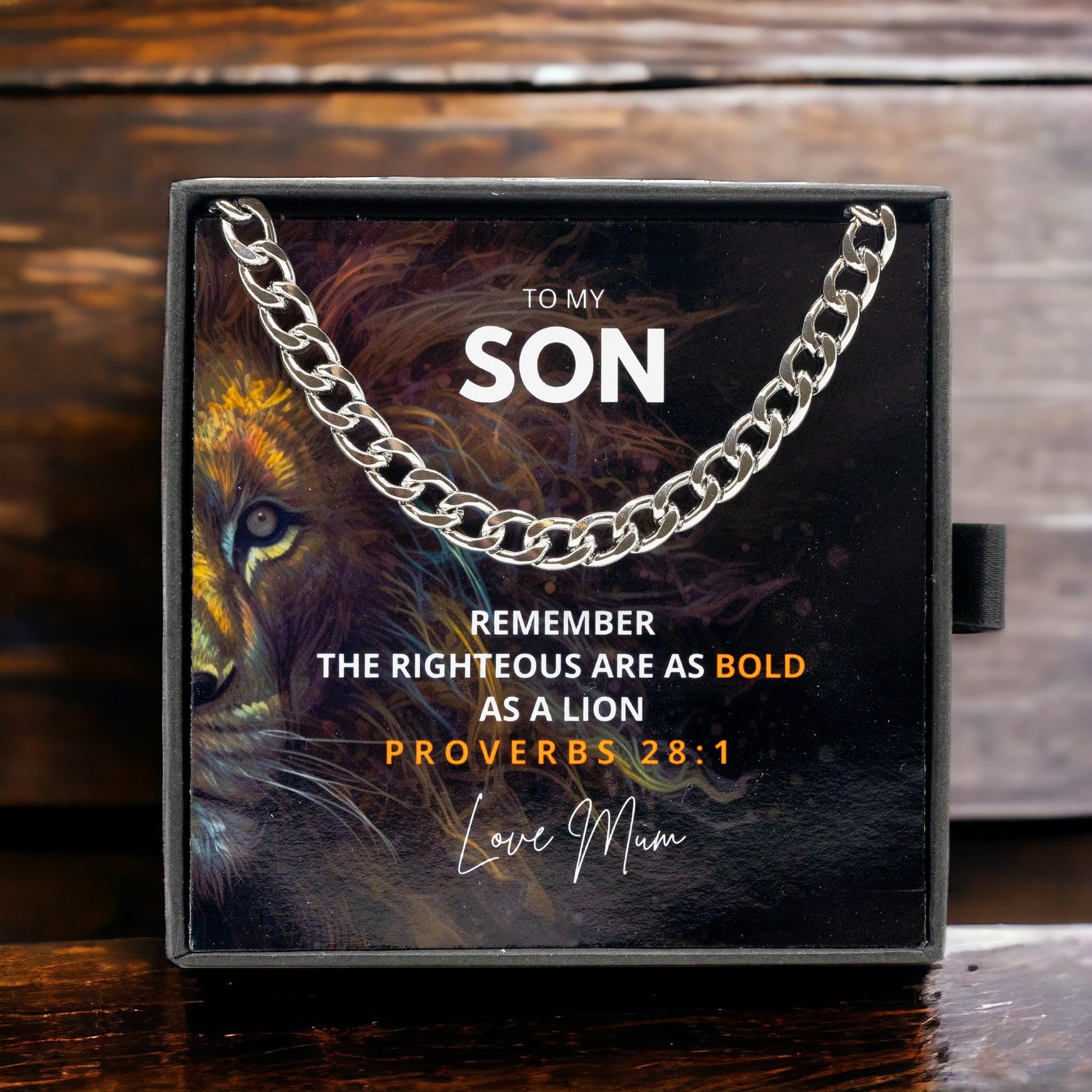 To My Son - Stainless Steel 50cm Curb Chain - Proverb Lion Message Card Gift For Birthday / Christmas