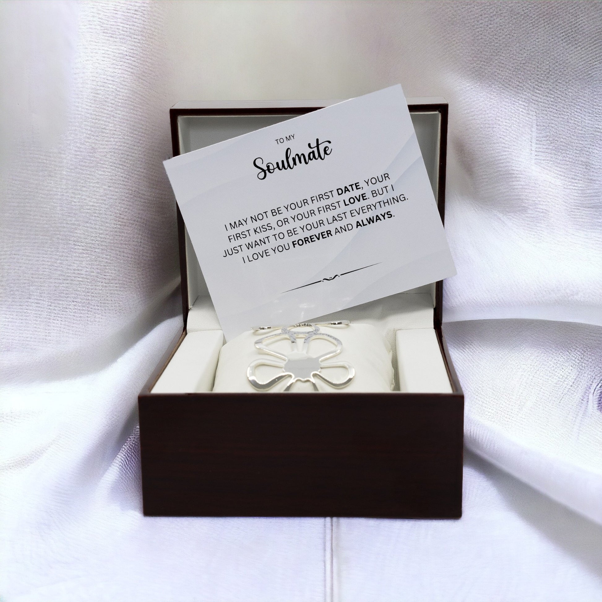 To My Soulmate - Sterling Silver Jewellery Bangle - Wooden Box with Custom Message Card - Gift For Her - Anniversary / Birthday Gift