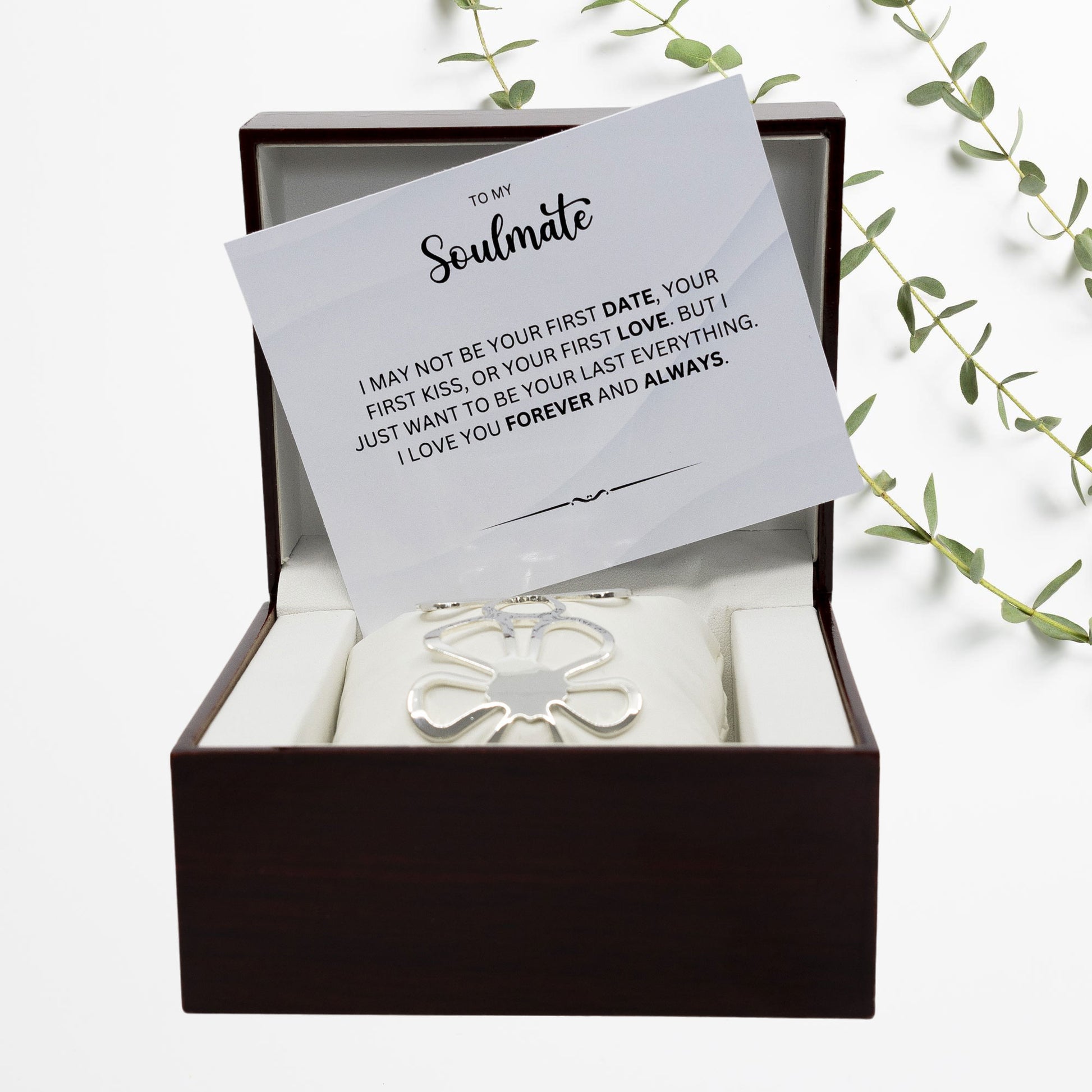 To My Soulmate - Sterling Silver Jewellery Bangle - Wooden Box with Custom Message Card - Gift For Her - Anniversary / Birthday Gift