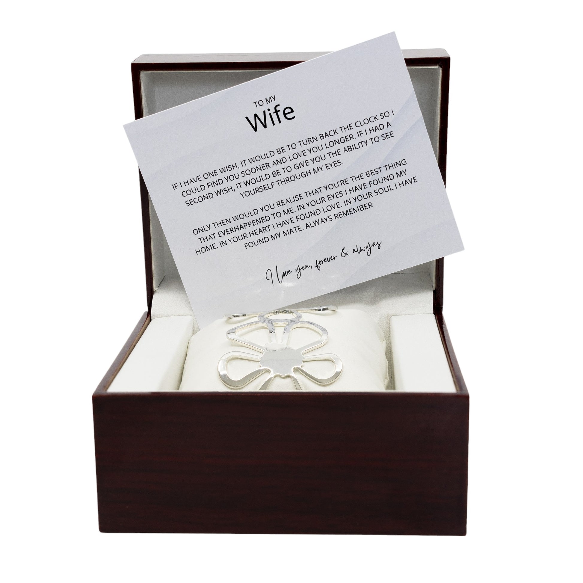 To My Wife - Sterling Silver Jewellery Bangle - Wooden Box with Custom Message Card - Gift For Her - Anniversary / Birthday Gift