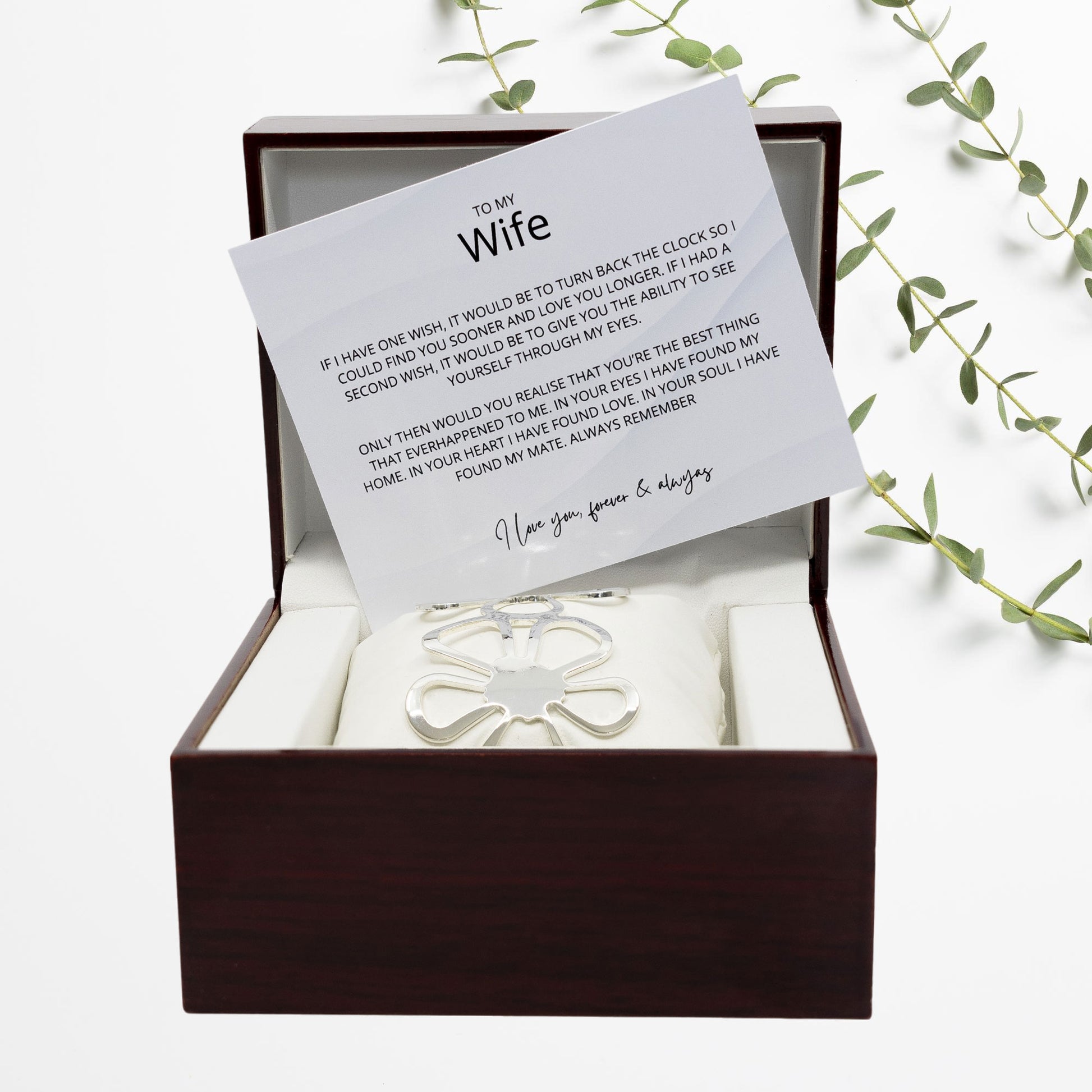 To My Wife - Sterling Silver Jewellery Bangle - Wooden Box with Custom Message Card - Gift For Her - Anniversary / Birthday Gift