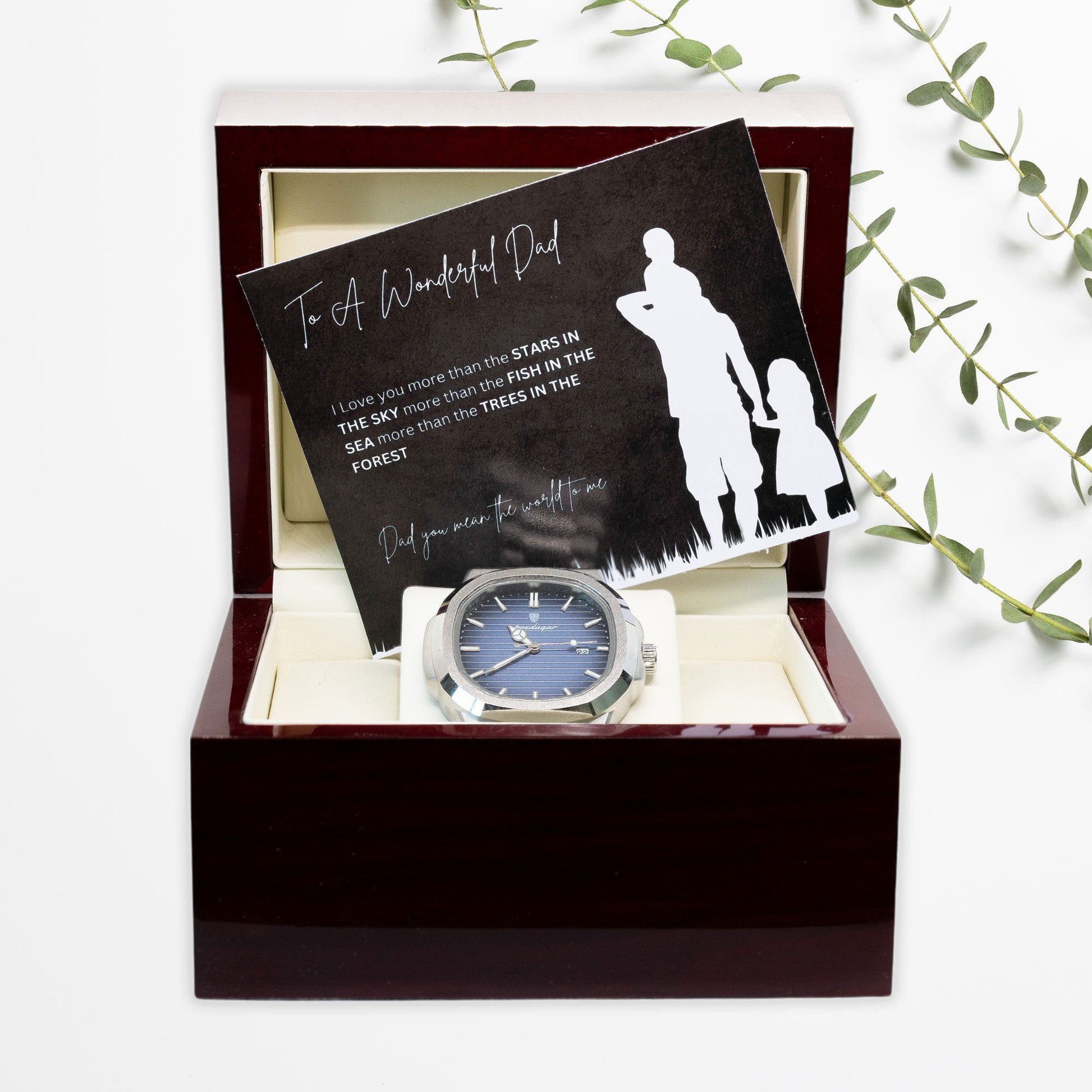 To a Wonderful Dad - Luxury Gift Watch Set - Mahogany Box - Custom Message Card Gift For Birthday's Christmas - Fathers Day